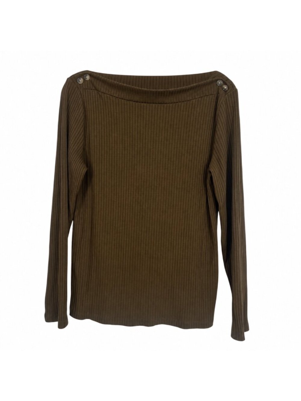 LOFT Blouse Women's XL Olive Brown Ribbed Boat Neck Shoulder Button Smart Preppy